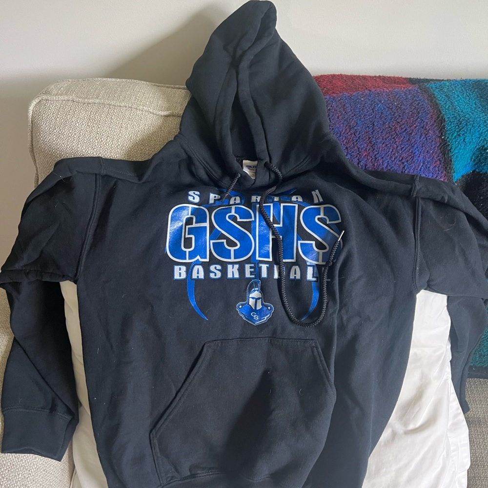 Gildan Black Hoodie with Blue and White Graphic